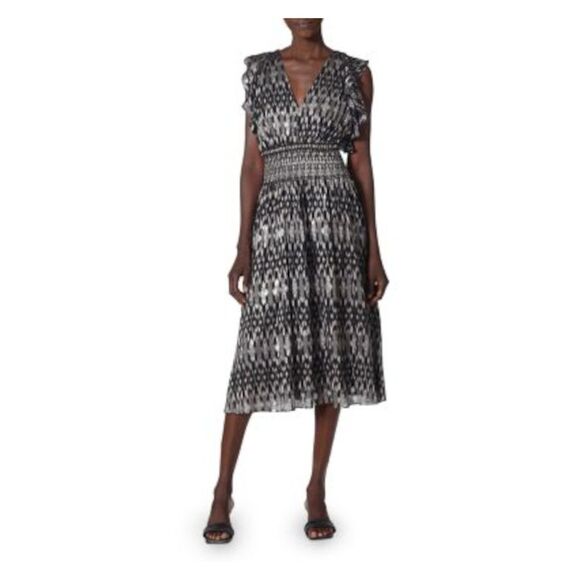 JOIE Dresses & Skirts - JOIE Womens Black Metallic Smocked Printed Flutter  Midi Fit + Flare Dress S